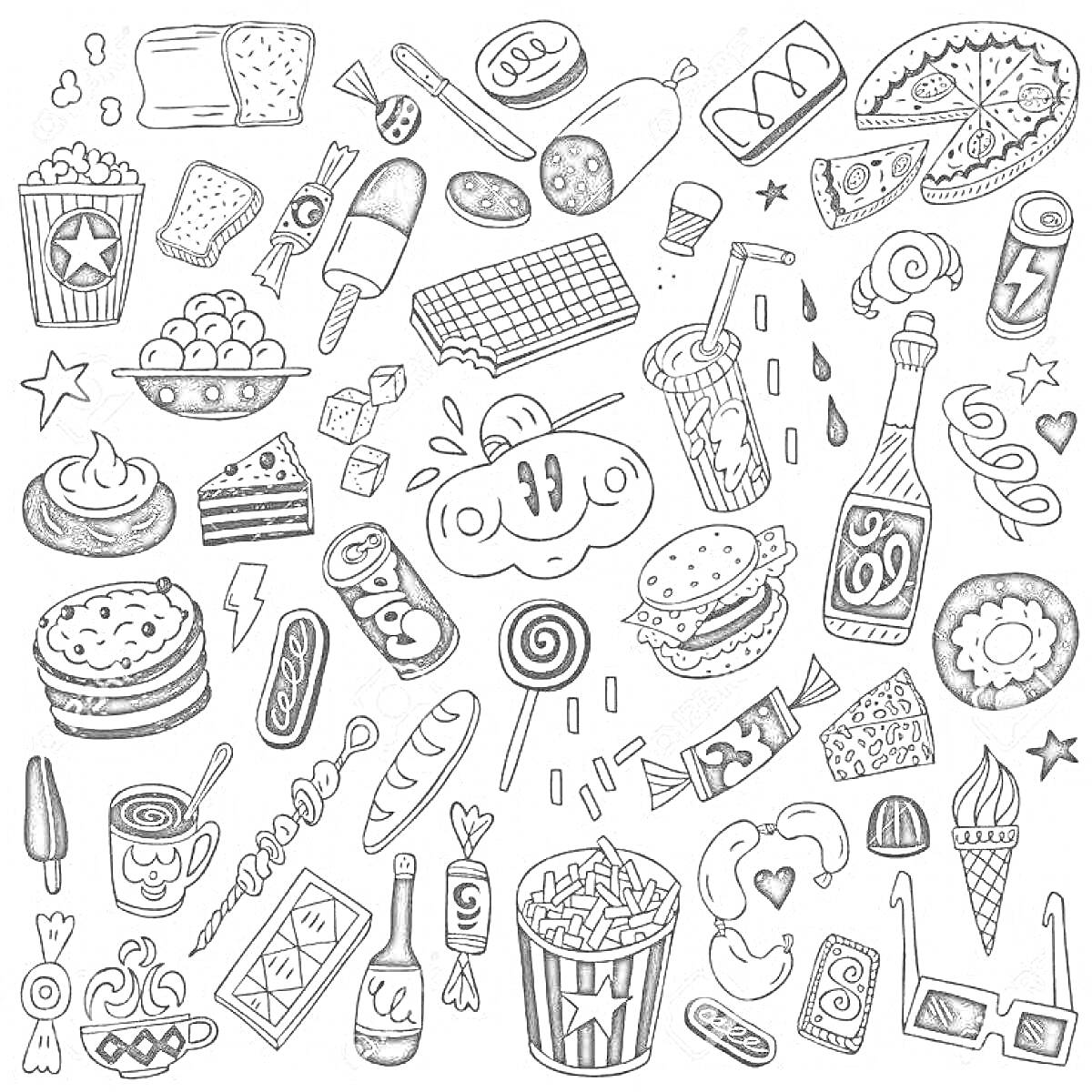 Раскраска Стикеры с едой: пирожные, гамбургеры, мороженое, пицца, хот-доги, пирожки, попкорн, напитки, шоколадка, чипсы, лапша, круассаны, торты, конфеты