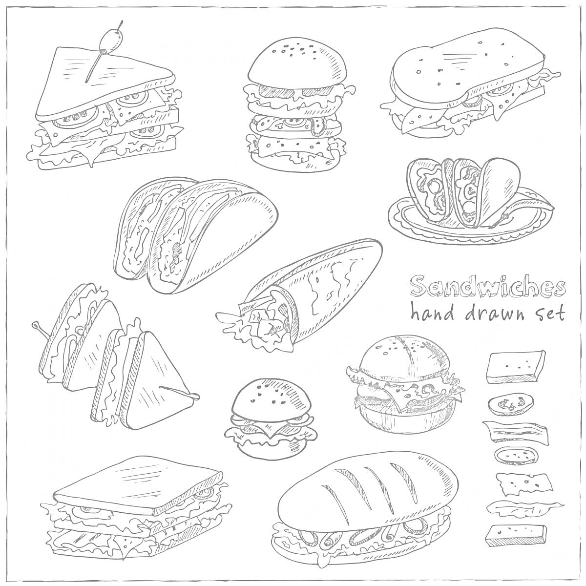 На раскраске изображено: Сэндвич, Бургер, Багет, Буррито, Салат, Для детей, Еда