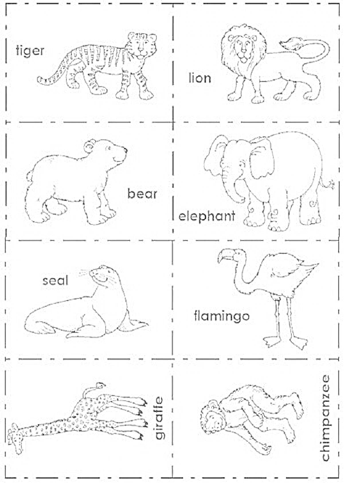 Раскраска Тигр, Лев, Медведь, Слон, Тюлень, Фламинго, Жираф, Шимпанзе