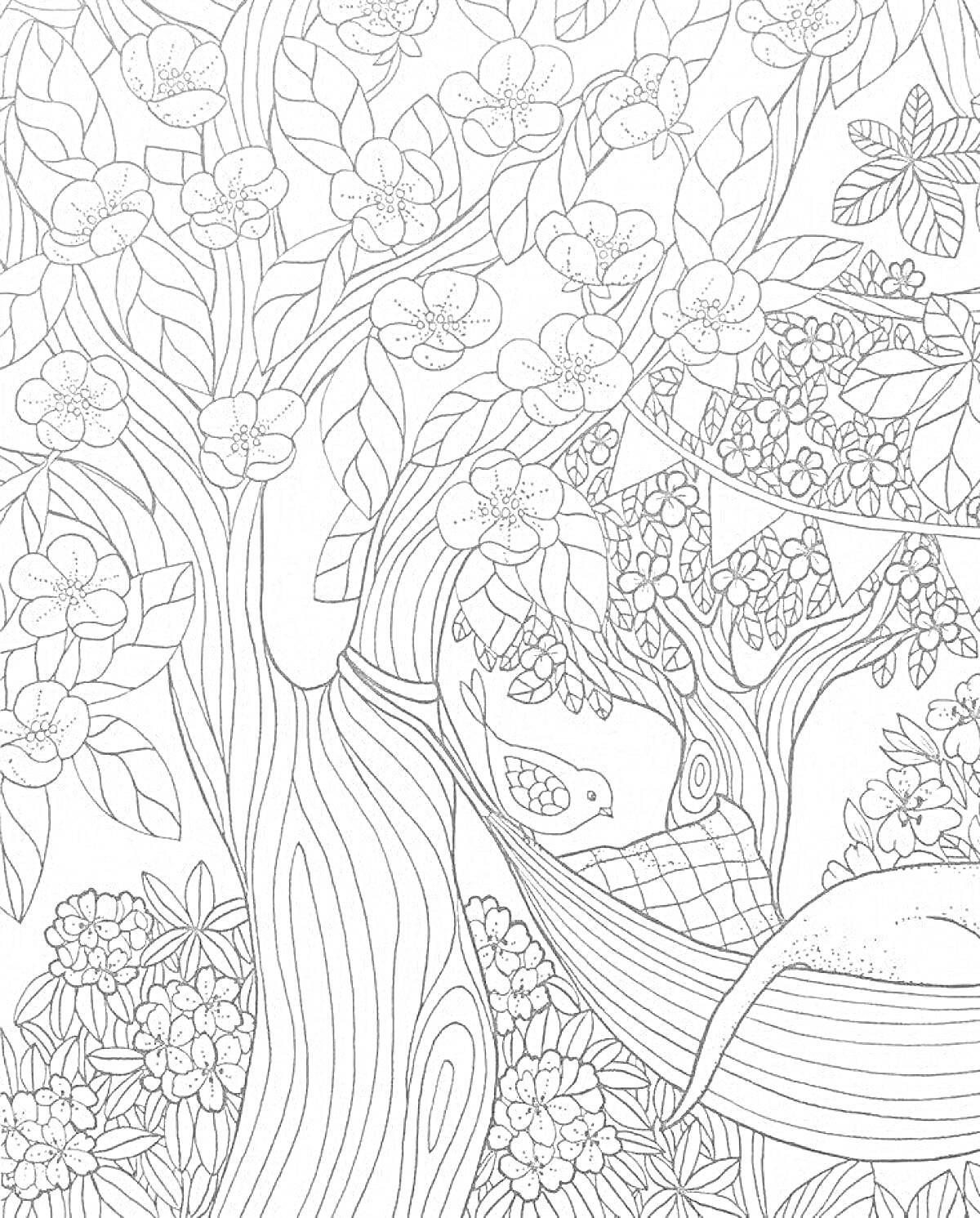 Раскраска Дерево с цветами и листьями, девушка в гамаке, птица, флажки, цветущие кустарники