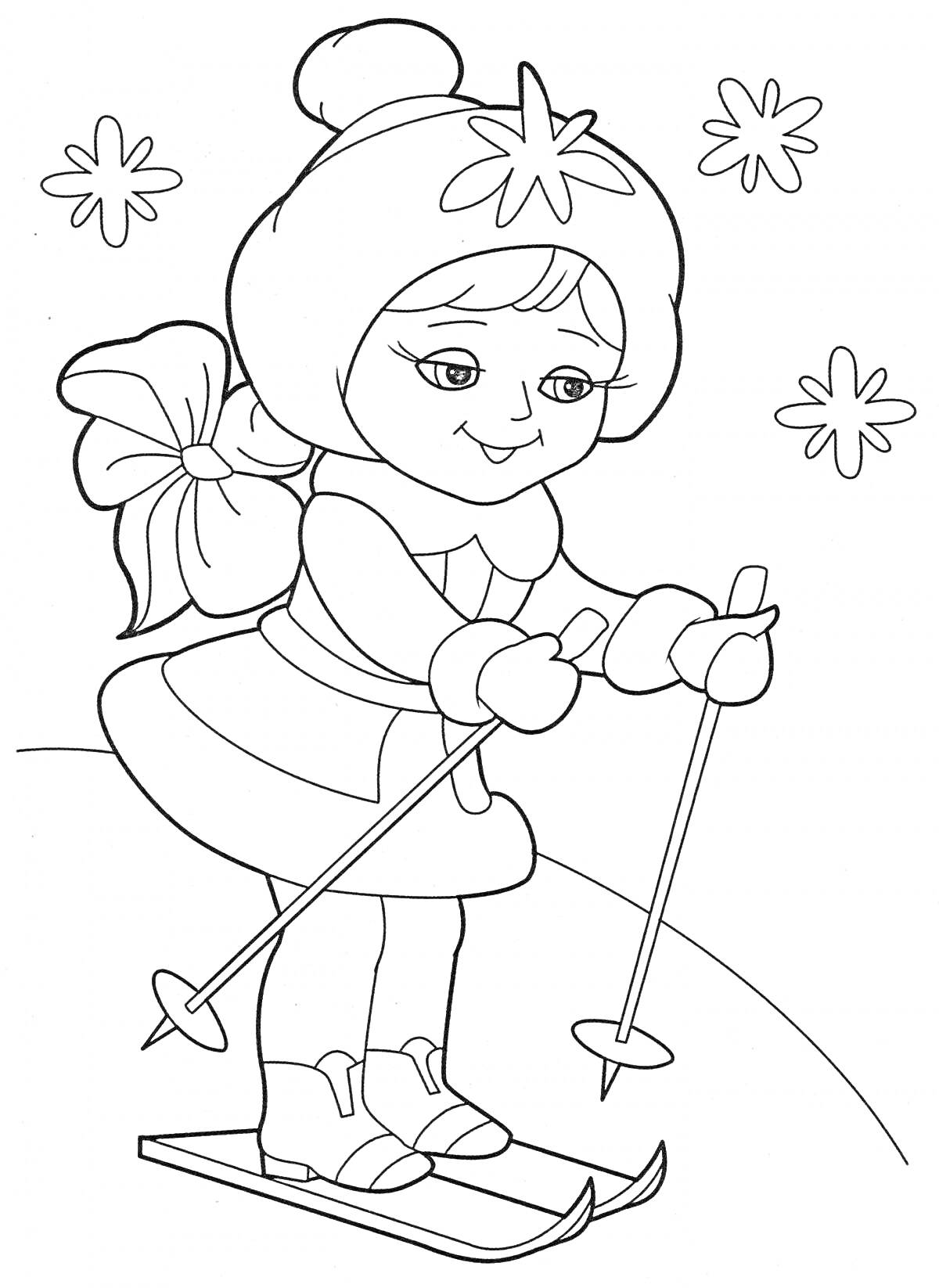 На раскраске изображено: Зимняя одежда, Девочка, Лыжи, Лыжные палки, Снежинки, Шапка, Шарф, Зима