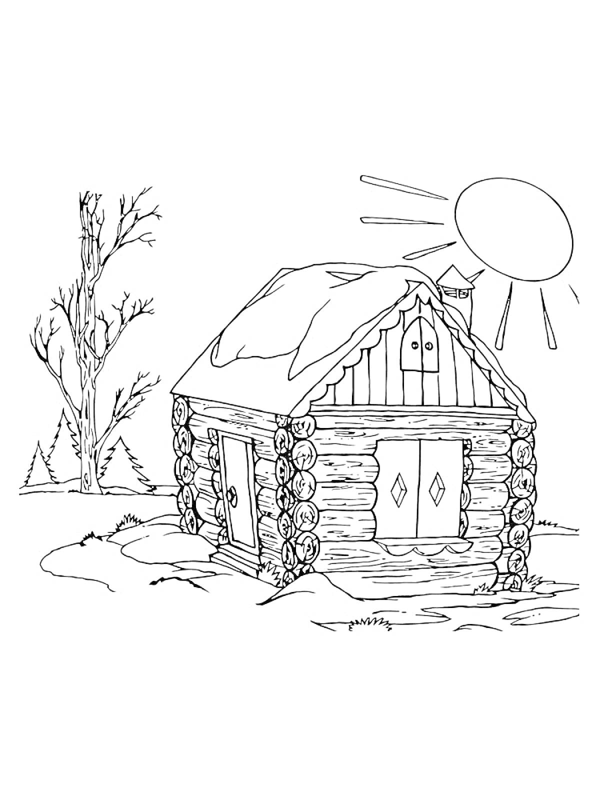 Раскраска Изба зимой со снегом на крыше, дерево и солнце на заднем плане