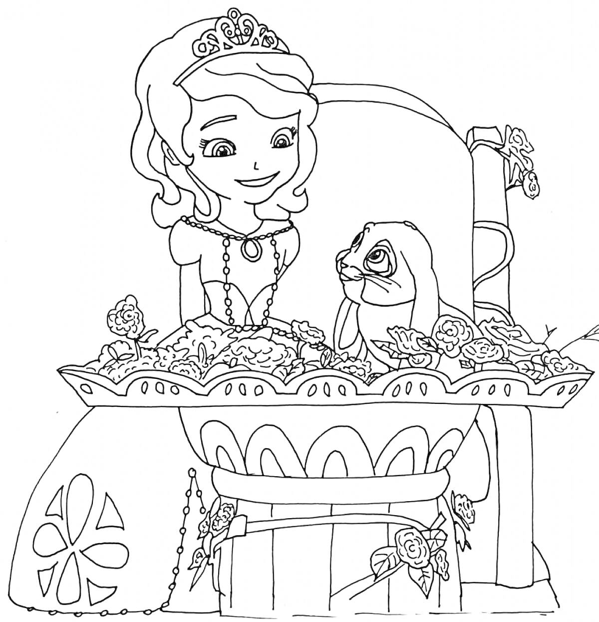 Раскраска Принцесса с диадемой и кроликом на троне, украшенном цветами
