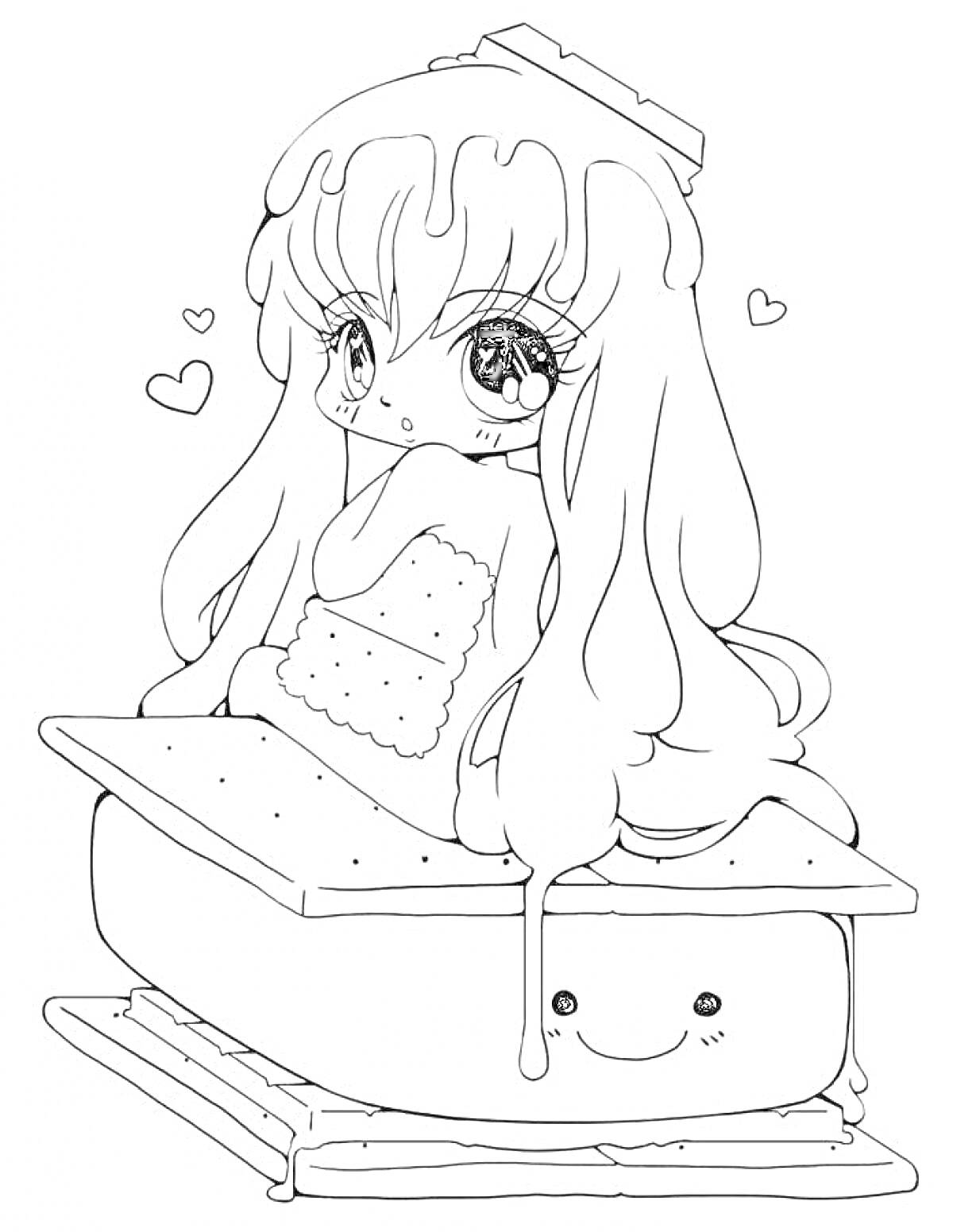Раскраска Девочка с длинными волосами, сидящая на печенье, с сердечками