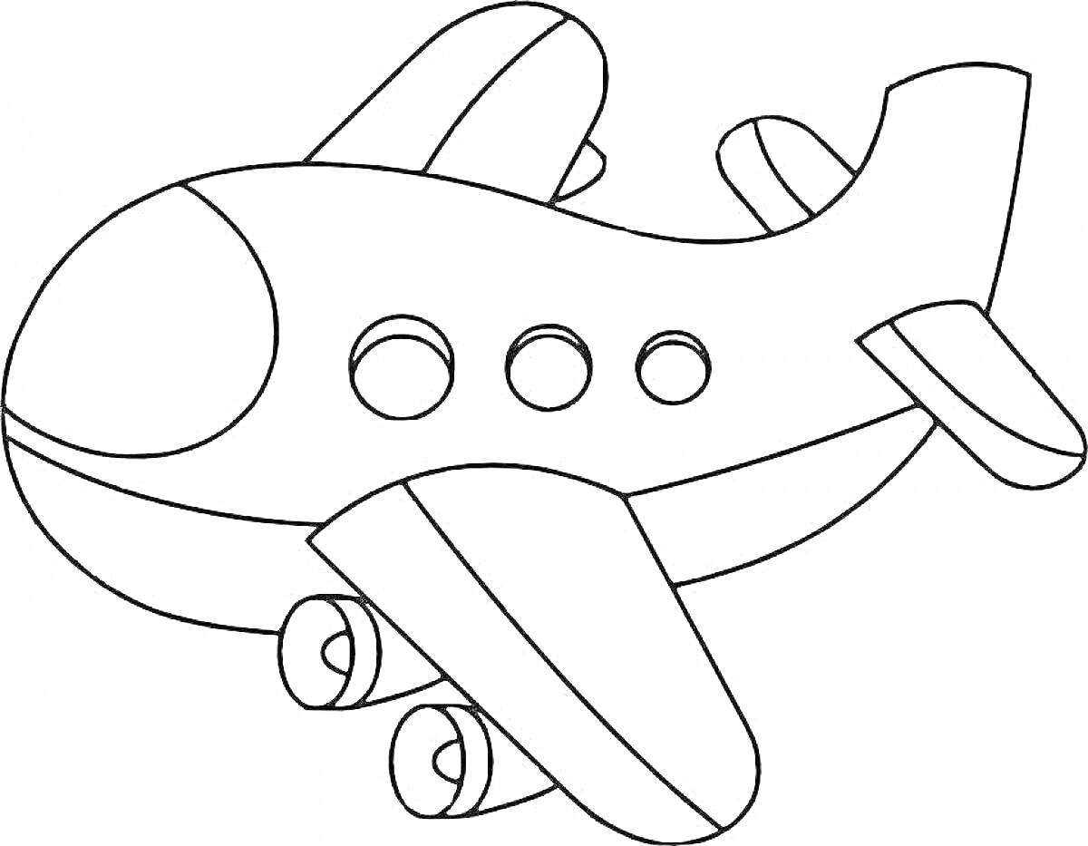 Раскраска Самолет с тремя иллюминаторами и двумя двигателями