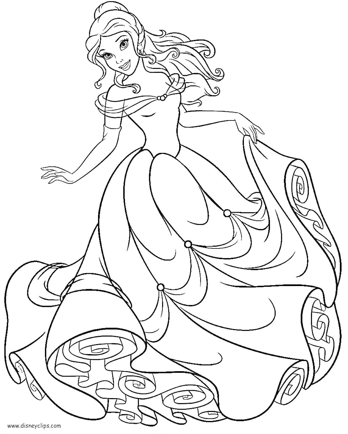 На раскраске изображено: Принцесса, Бальное платье, Танец, Длинные волосы, Красавица и Чудовище