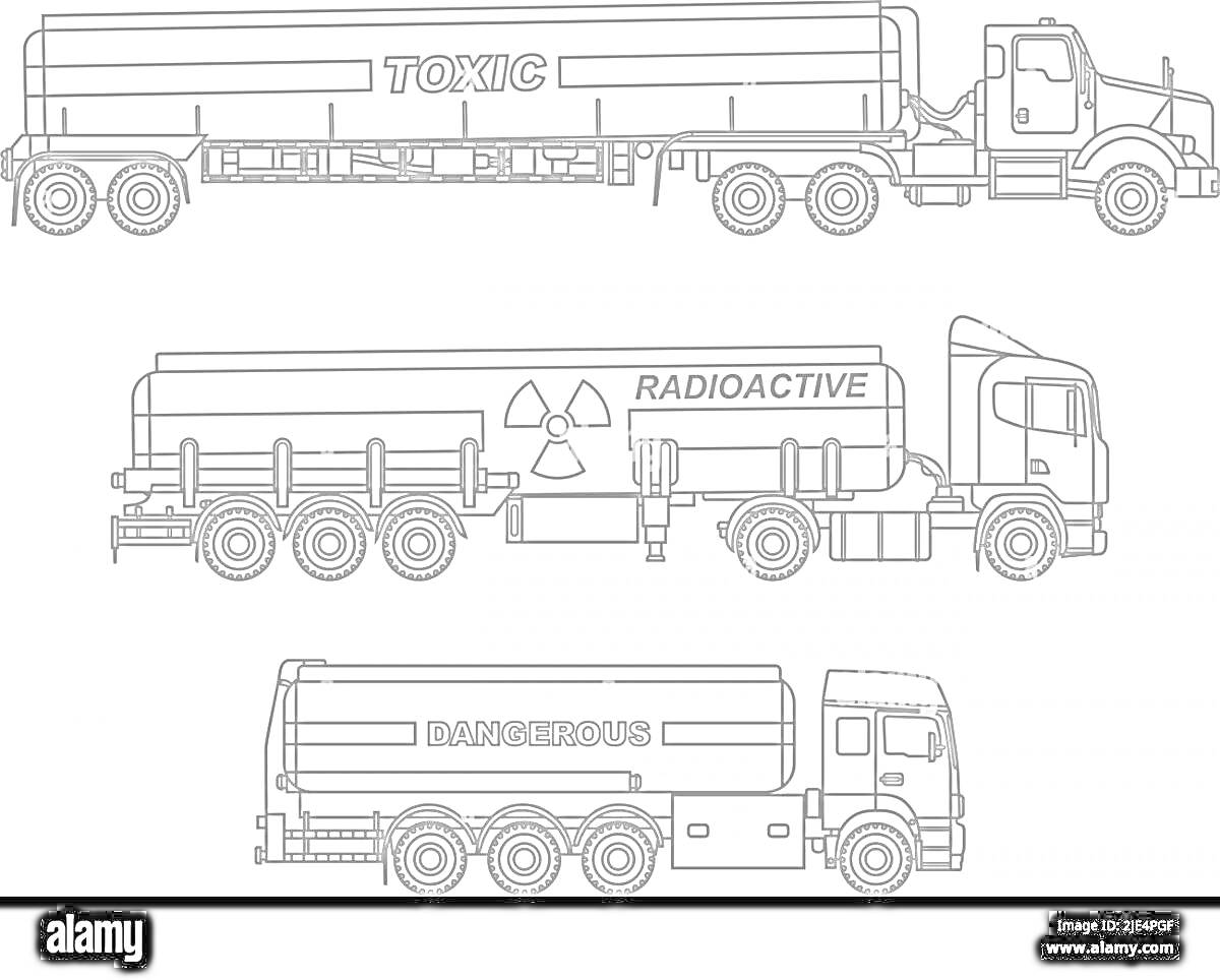 Раскраска Камазы-бензовозы с надписями TOXIC, RADIOACTIVE, DANGEROUS