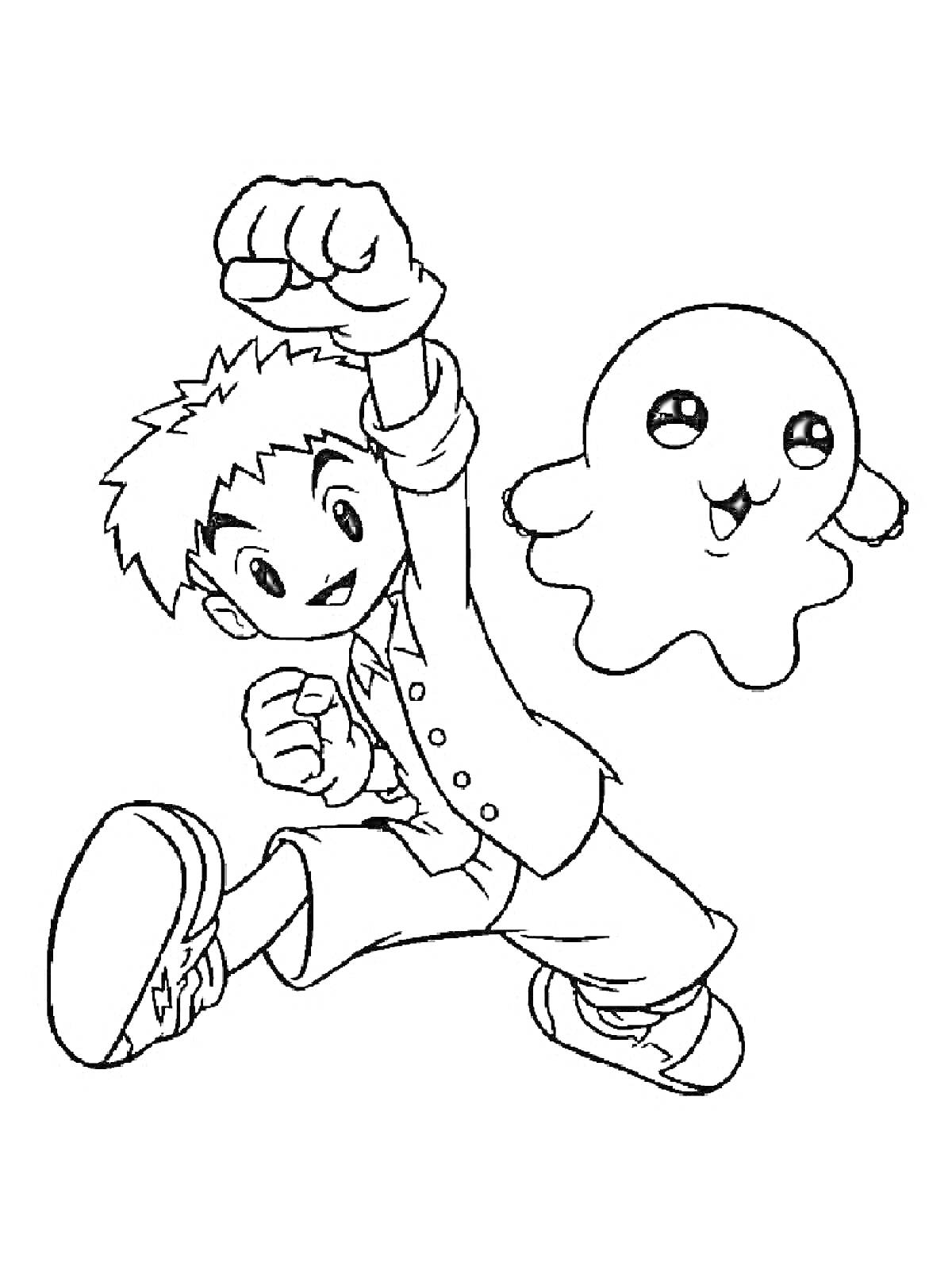 Раскраска Мальчик и Дигимон в прыжке с поднятым кулаком