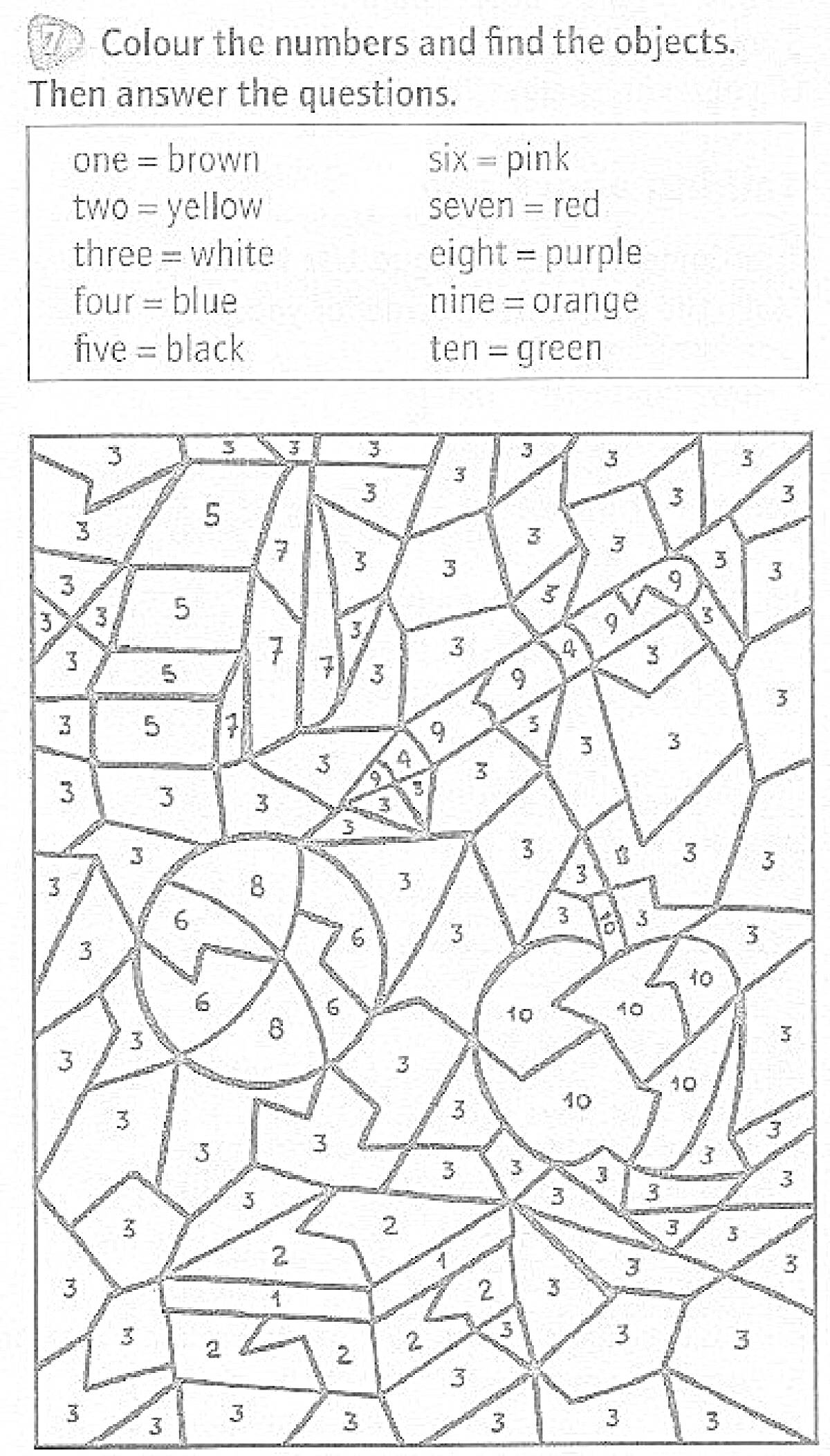 Раскраска Раскраска с заданиями на тему английского языка: раскрасьте по номерам и найдите объекты (цвета и числа)