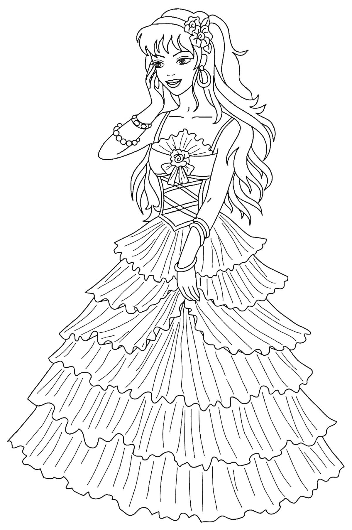 Раскраска Принцесса в длинном пышном платье с цветком на корсаже, с серьгами и браслетами, улыбающаяся, раскраска