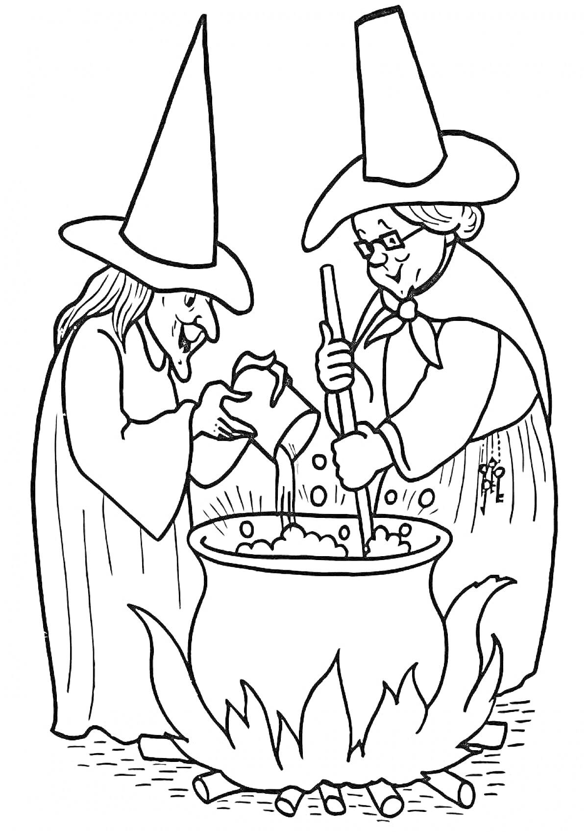 Раскраска Две ведьмы у котла на огне, одна из ведьм заливает жидкость в котёл, вторая ведьма помешивает содержимое
