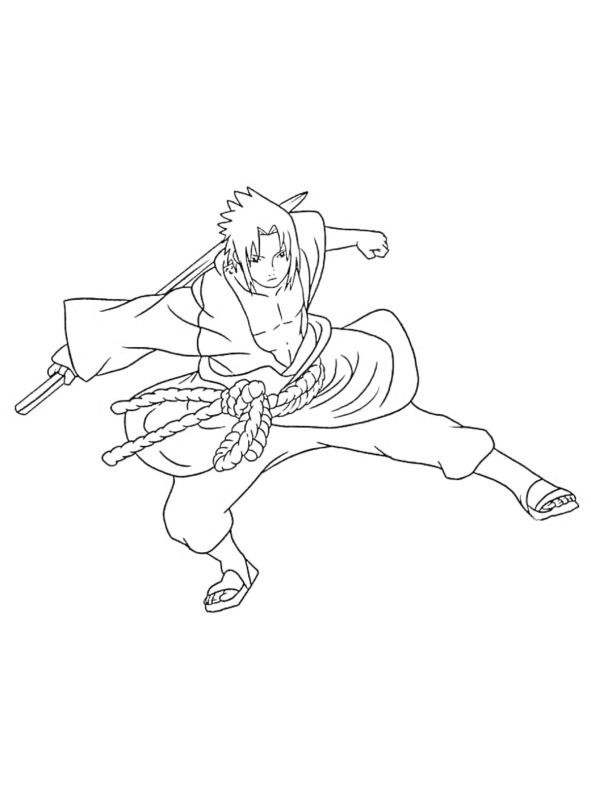 Раскраска Саске Учиха в боевой стойке с катаной, веревкой вокруг пояса и длинными рукавами