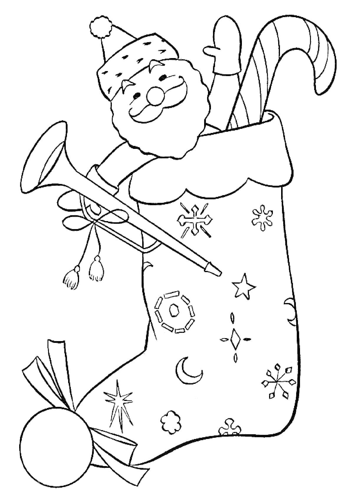 Раскраска Санта Клаус и карамельная трость в рождественском чулке с рожком и узорами