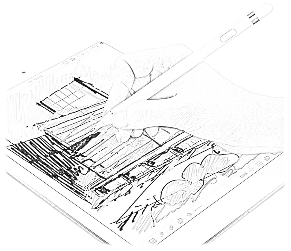 Раскраска Дом на айпаде с использованием стилуса, рука, птицы