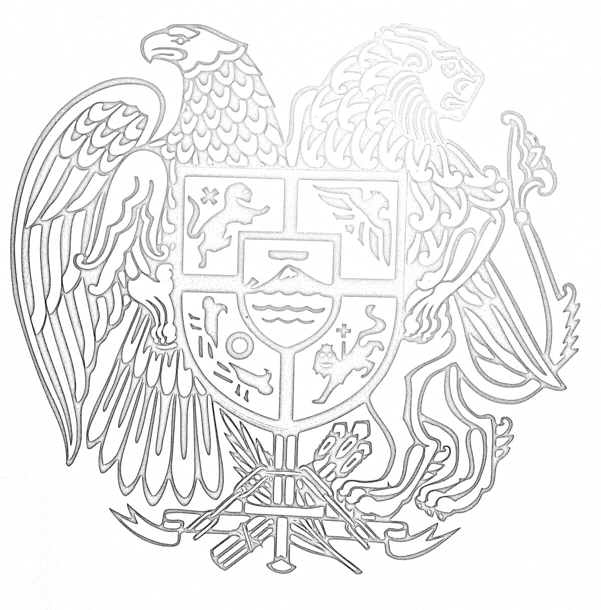 На раскраске изображено: Армения, Орел, Лев, Щит, Лавровые ветви, Крест, Пшеница
