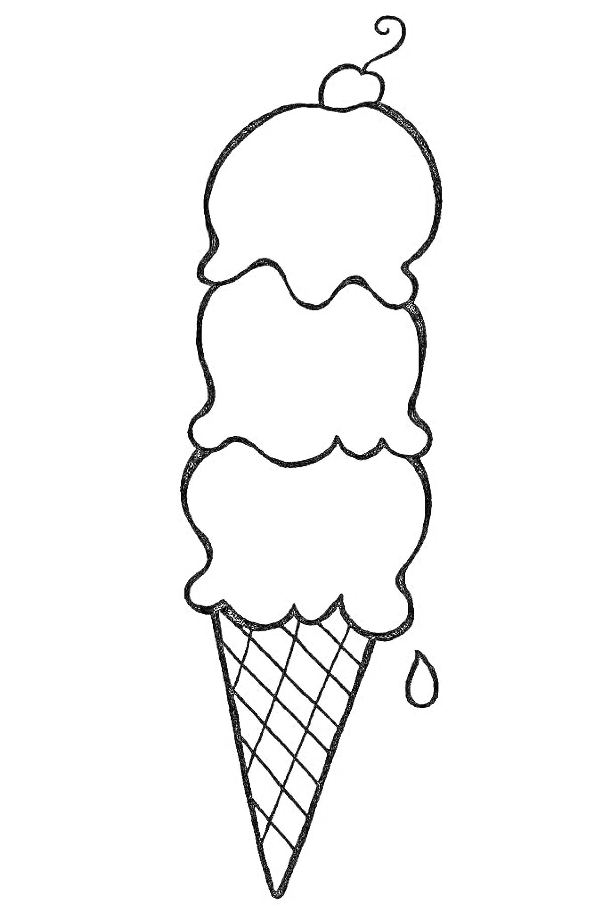 На раскраске изображено: Мороженое, Вафельный рожок, Для детей, Сладости, Капли, Вишня, Десерты