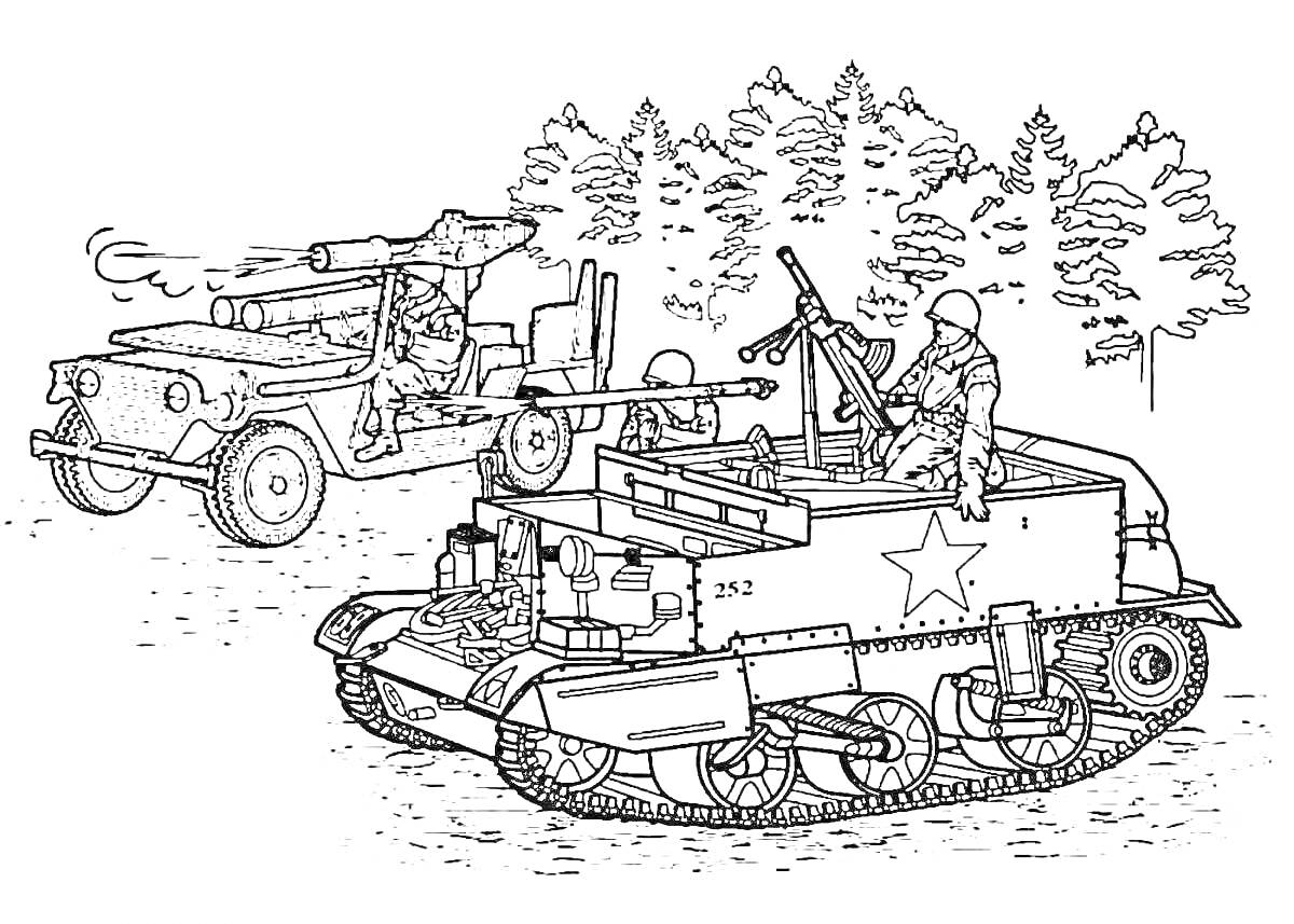 Раскраска Солдат и танк, военный джип, лесной фон