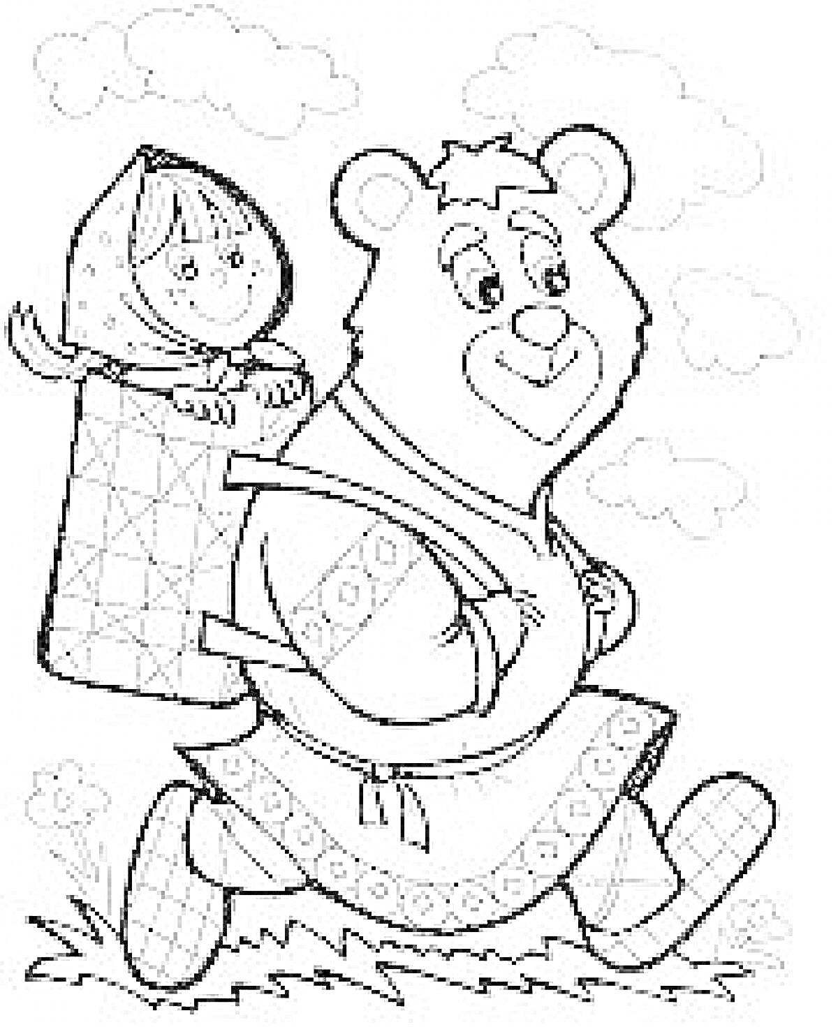 Раскраска Девочка в платке в корзине на спине медведя, облака, цветы