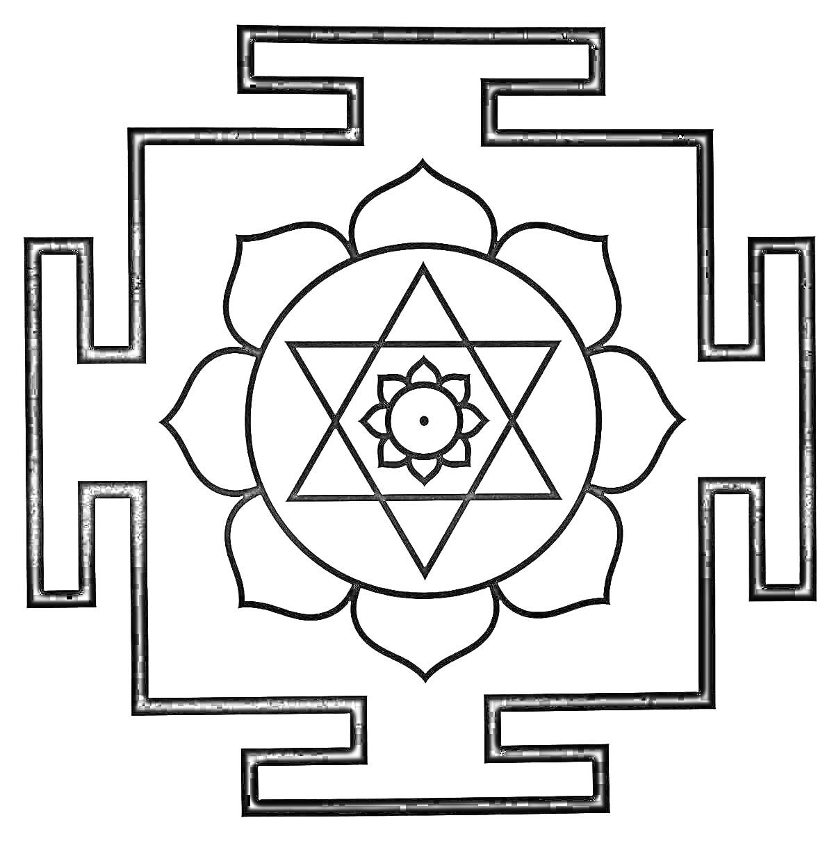 Раскраска Янтра с лотосом и треугольниками