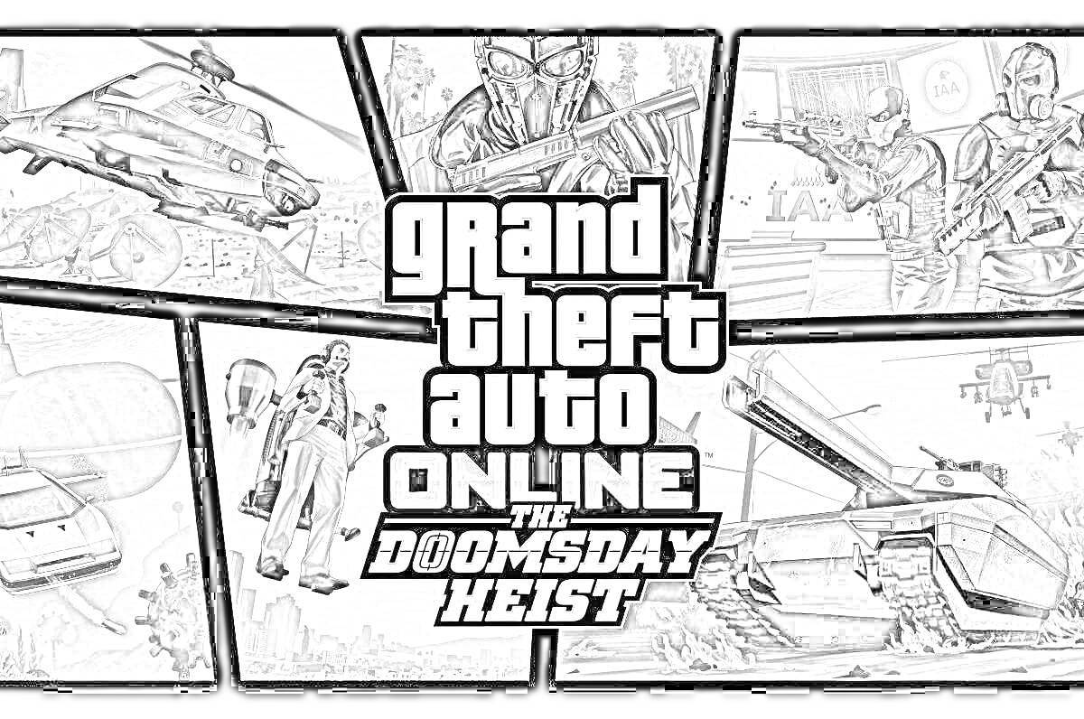 Раскраска Обложка GTA Online: The Doomsday Heist с изображением вертолёта, солдата с оружием, машин, робота и танка