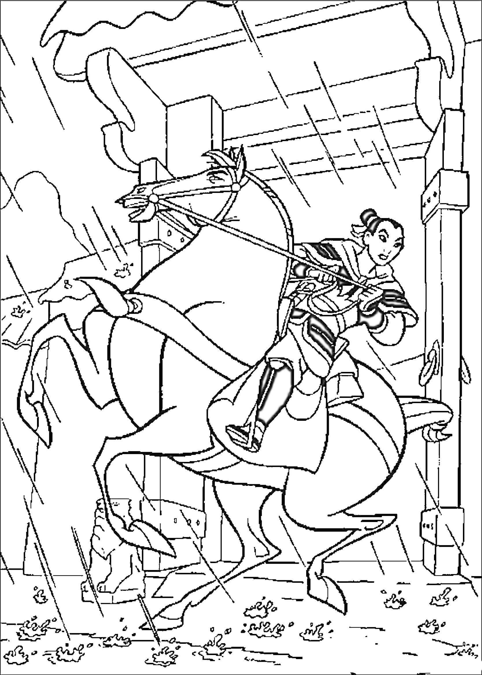 На раскраске изображено: Мулан, Лошадь, Арка, Дождь, Листья, Из мультфильмов