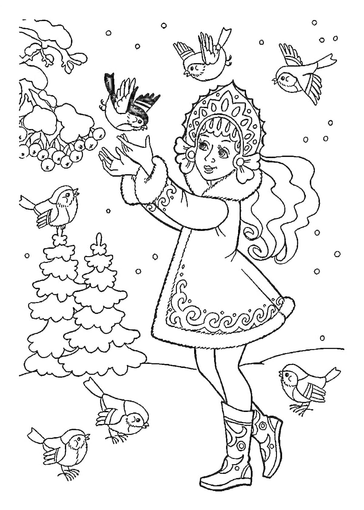 На раскраске изображено: Снегурочка, Елки, Снег, Зима, Природа, Для детей, Птица, Новый год
