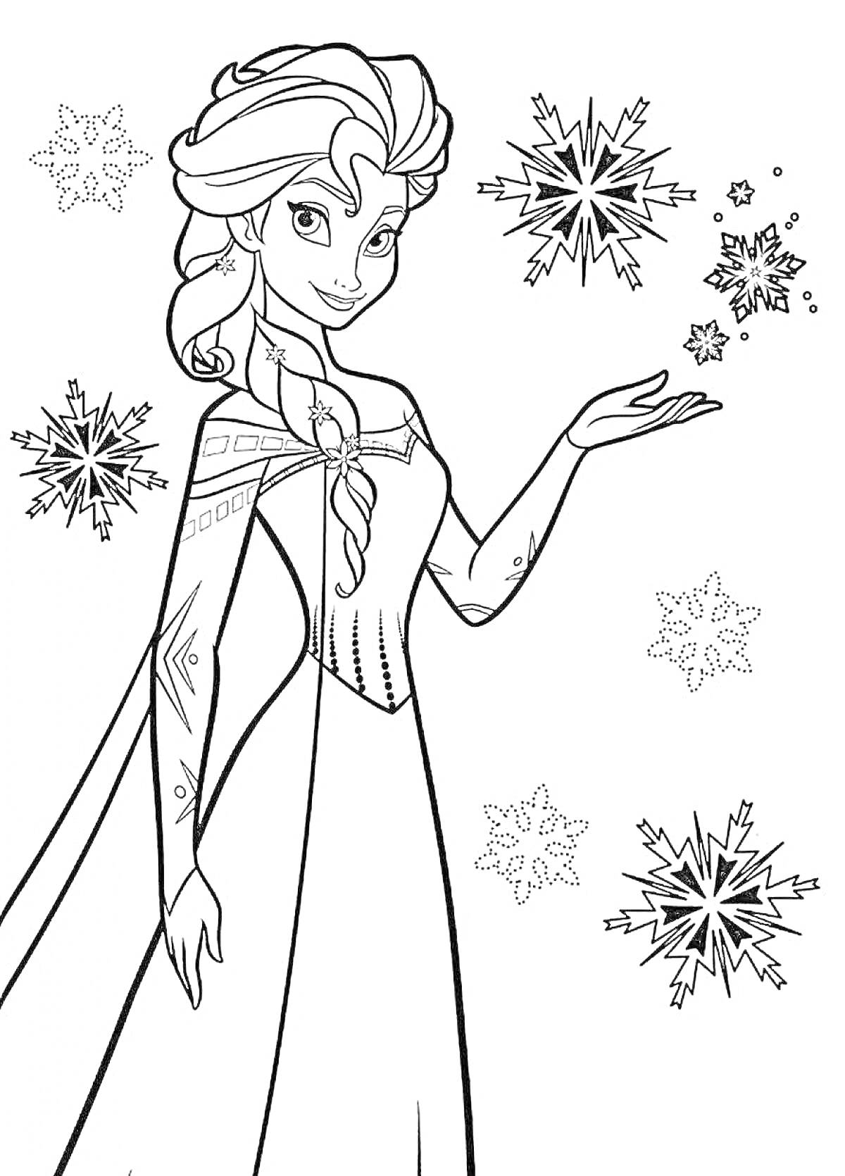 Раскраска Принцесса с косой, платьем и снежинками
