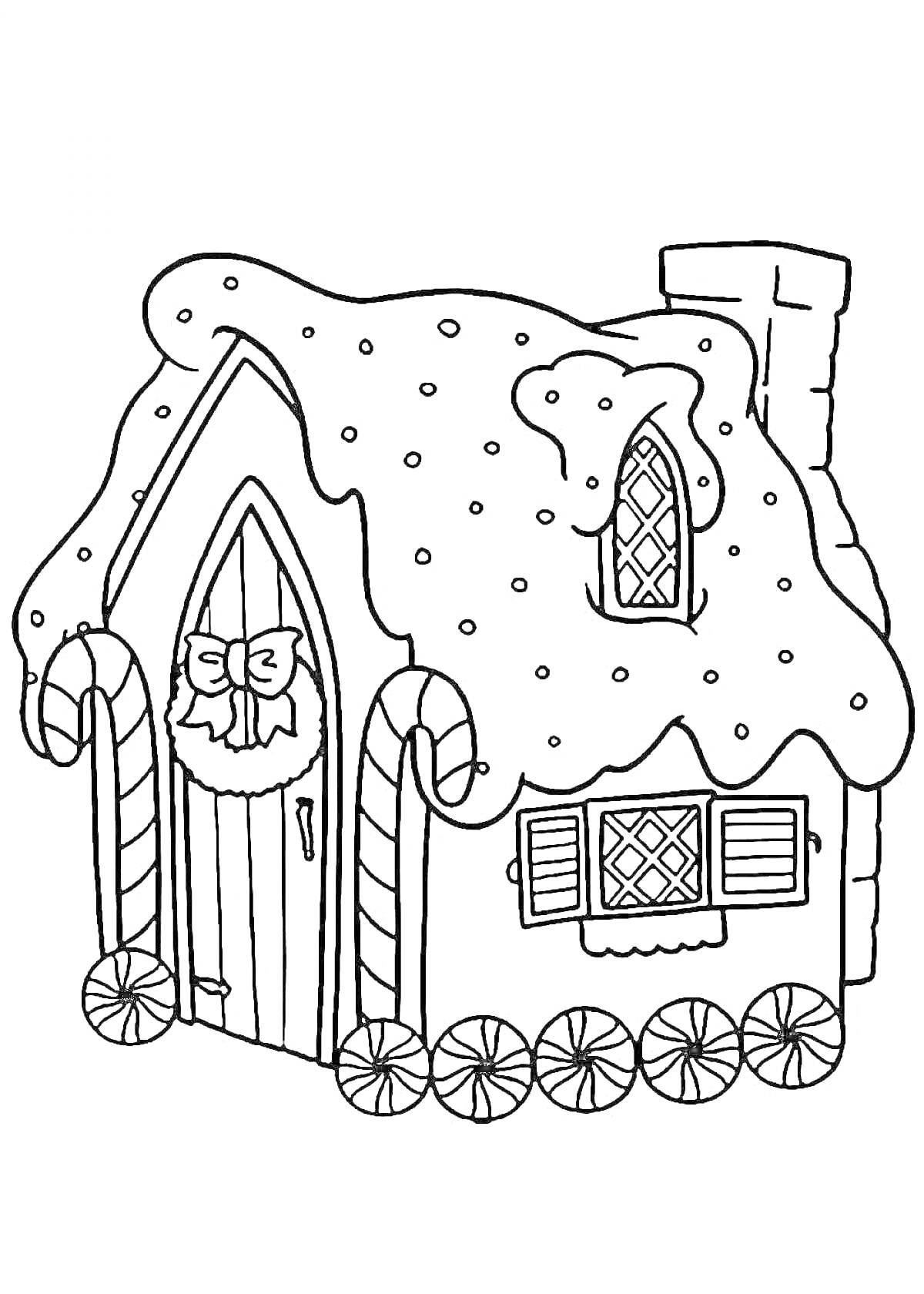 На раскраске изображено: Сказочный домик, Дверь, Крыша, Зимний домик, Снег, Тюбинг, Дымоход
