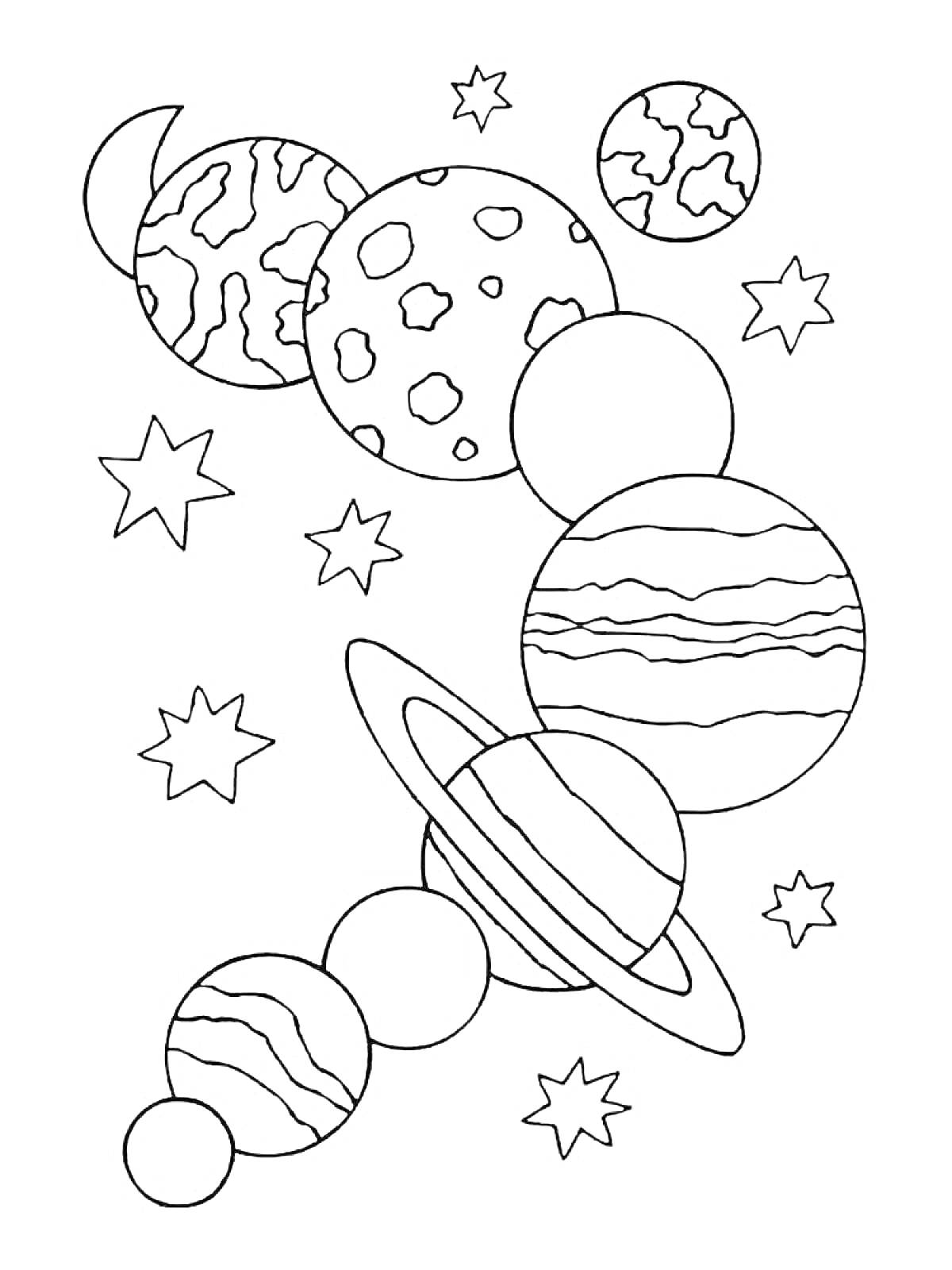 На раскраске изображено: Планеты, Звезды, Космос, Солнечная система, Астрономия, Кольцо