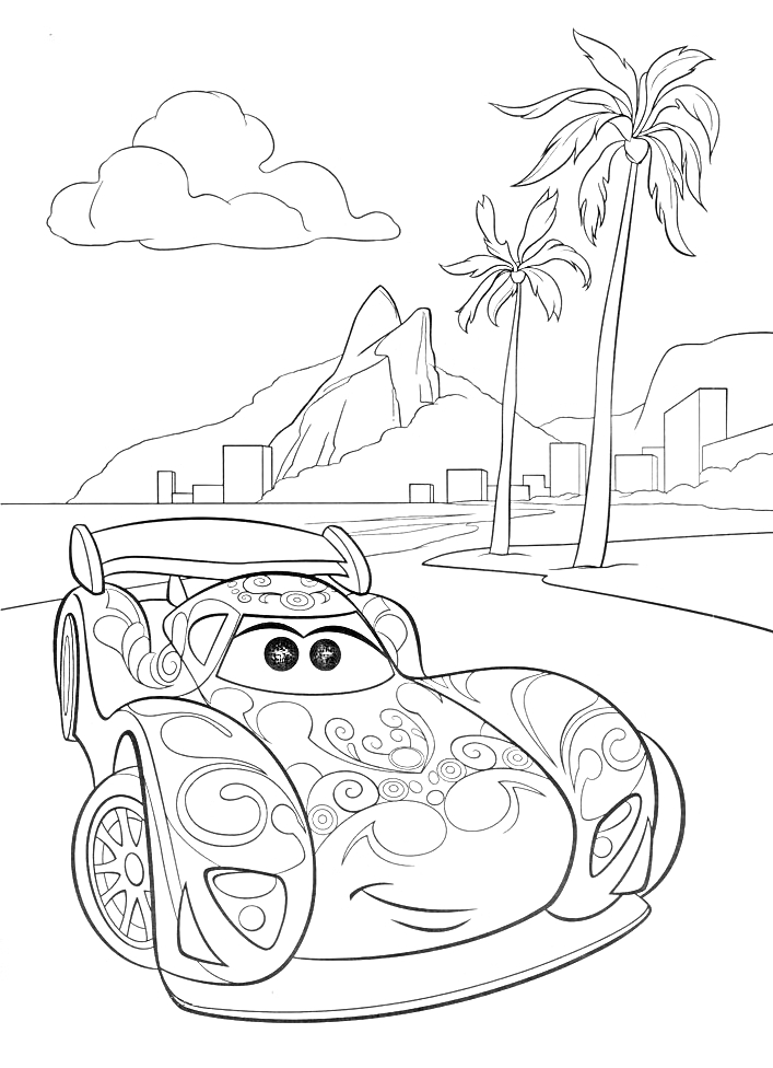 Машина на переднем плане с узорами, пальмы, небоскребы, горы, облака
