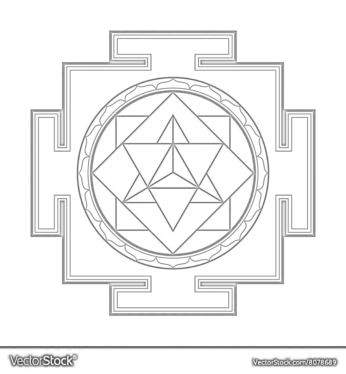 Раскраска Геометрическая янтра с кругом, сложными треугольниками и квадратами в стиле раме