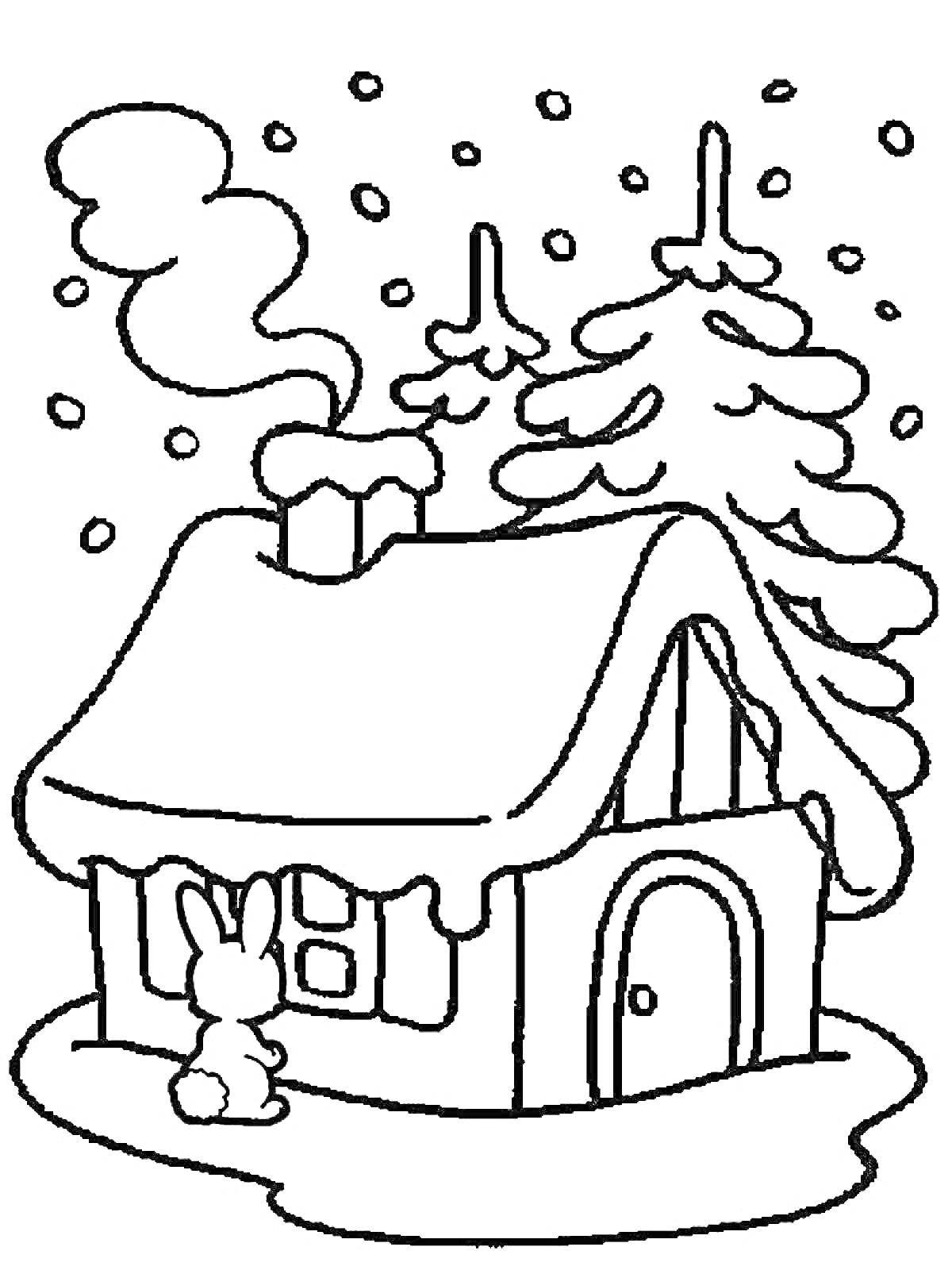 На раскраске изображено: Домик, Лес, Зима, Снегопад, Заяц, 6 лет, Для детей, Елки