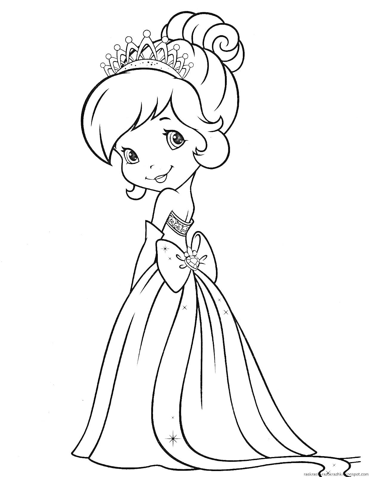 Раскраска Принцесса с тиарой. Девочка с прической в виде пучка, тиарой, длинным платьем с бантом и украшениями.