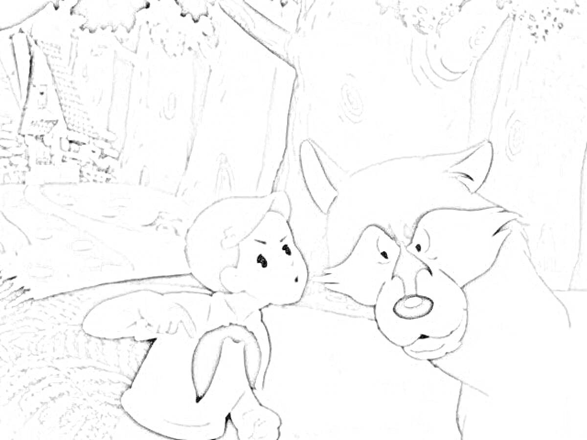 Раскраска Мальчик и волк на лесной тропинке