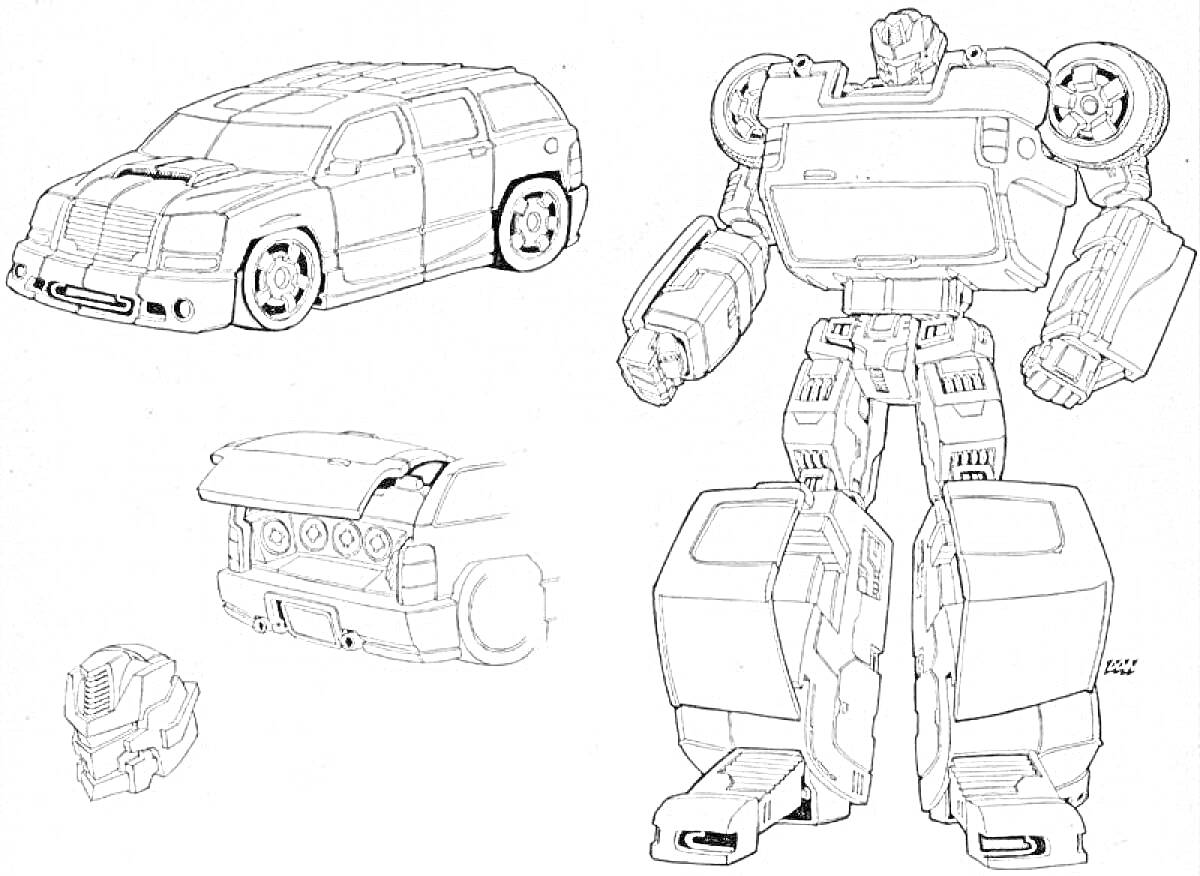 Раскраска Робот-трансформер, машина, детали корпуса, детализированные элементы