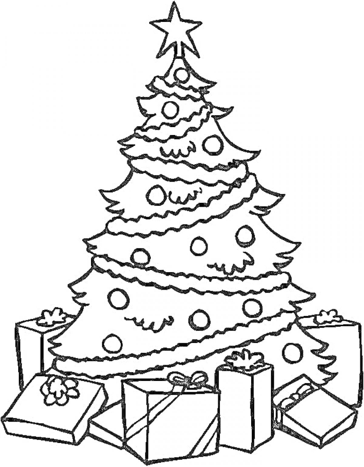 Раскраска Рождественская елка с игрушками и подарками