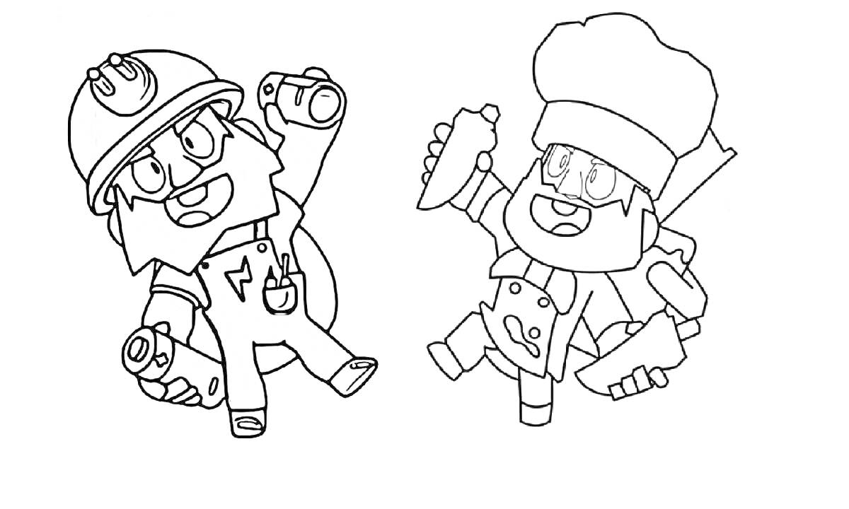 Раскраска Два персонажа Динамайк - шахтер и повар с динамитными шашками