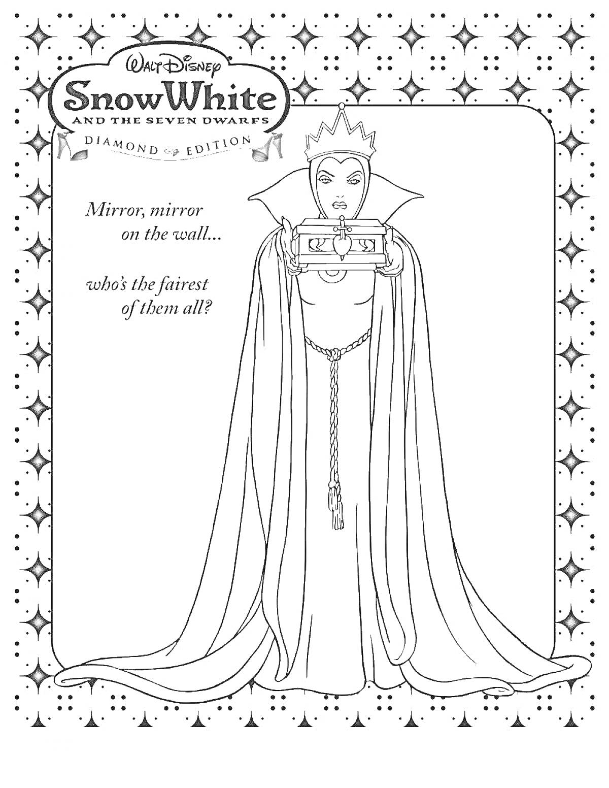 Раскраска Королева с зеркалом. Цветное изображение для раскраски, представляющее Коварную Королеву из мультфильма 