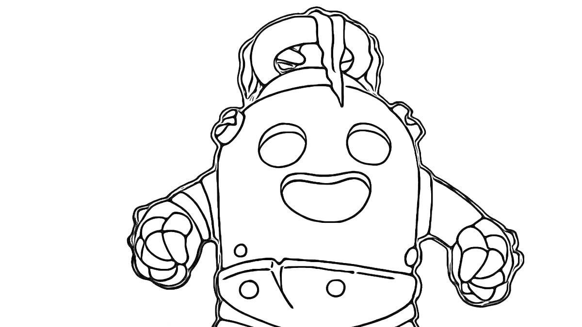 Раскраска Браво Старс Спайк, улыбающийся, с вытянутыми руками и хвостиком на голове, в рубашке с пуговицами