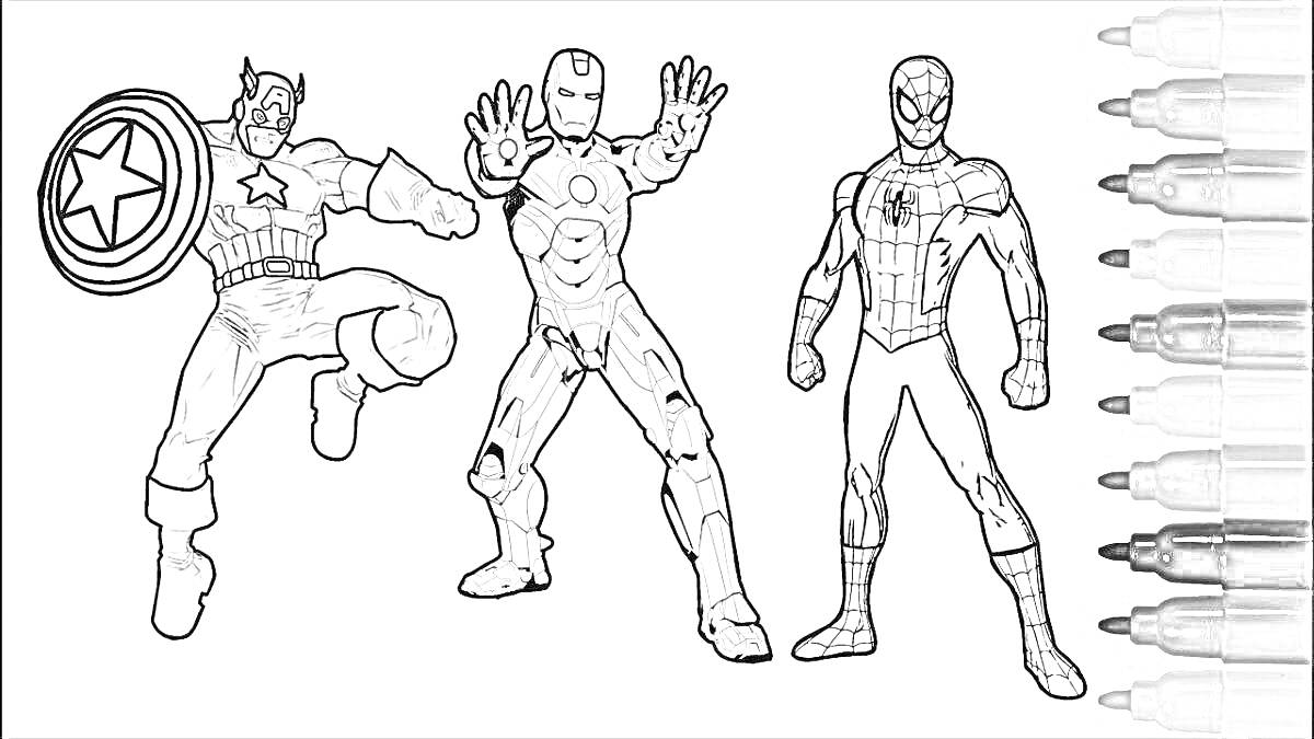 На раскраске изображено: Супергерои, Капитан америка, Железный человек, Человек-Паук, Фломастеры, Комиксы, Марвел