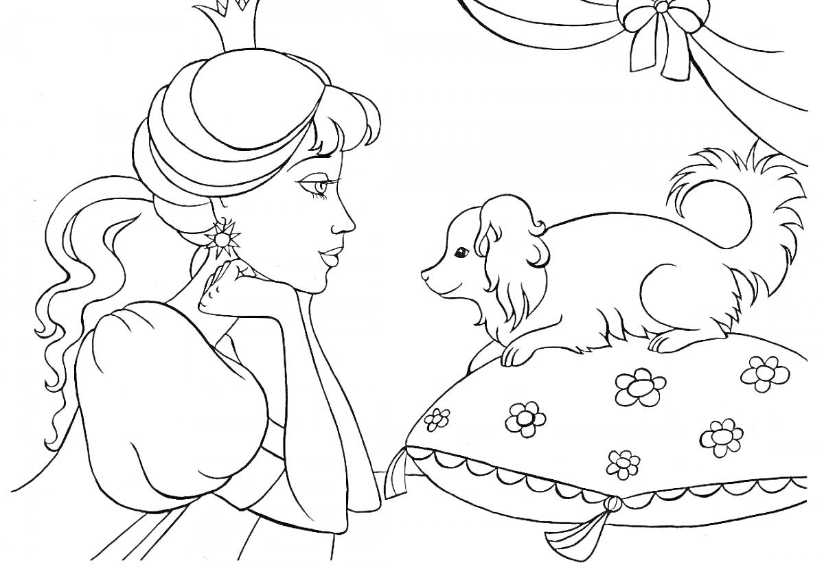 Раскраска Принцесса с собачкой на подушке под лентами