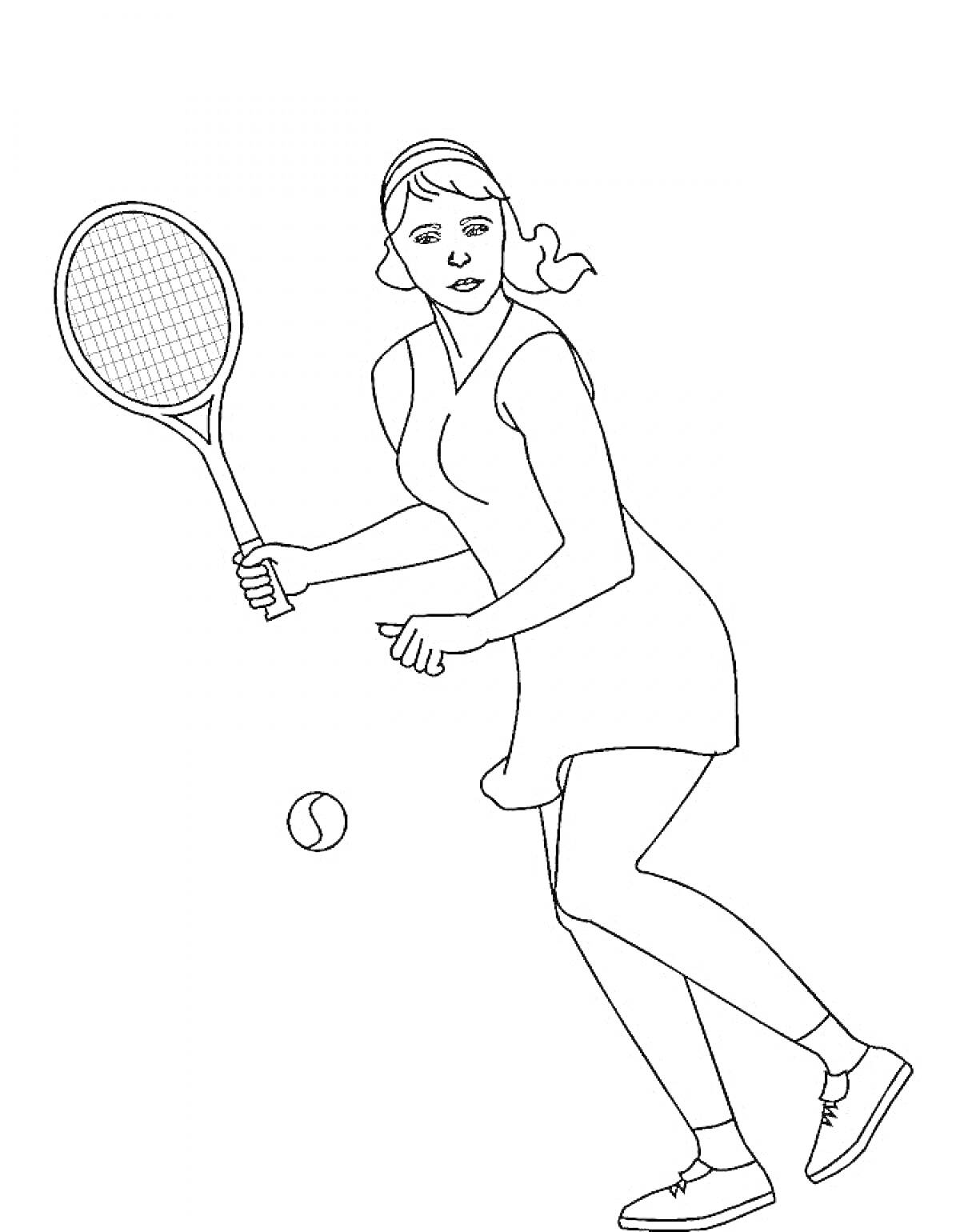 Раскраска Девушка, играющая в теннис с ракеткой и мячом