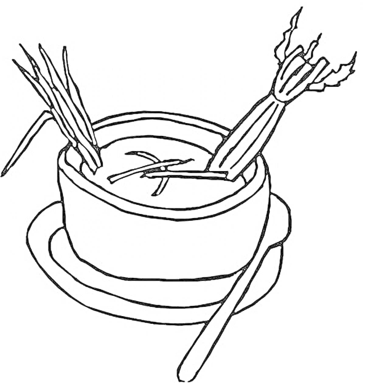 Раскраска Суп в миске с овощами (лук и сельдерей), на блюдце, ложка рядом