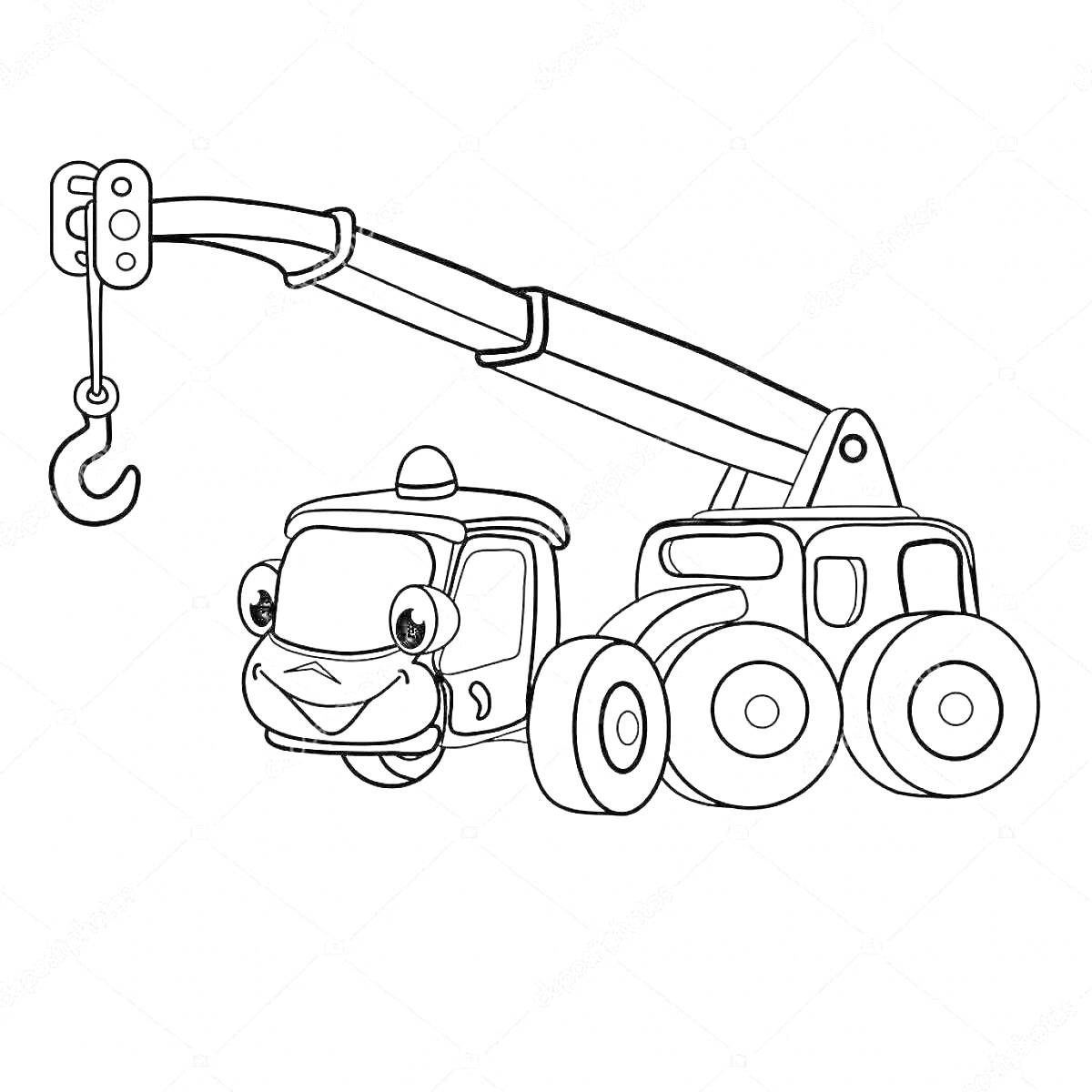На раскраске изображено: Автокран, 3-4 года, Строительная техника, Крюк, Улыбающийся персонаж