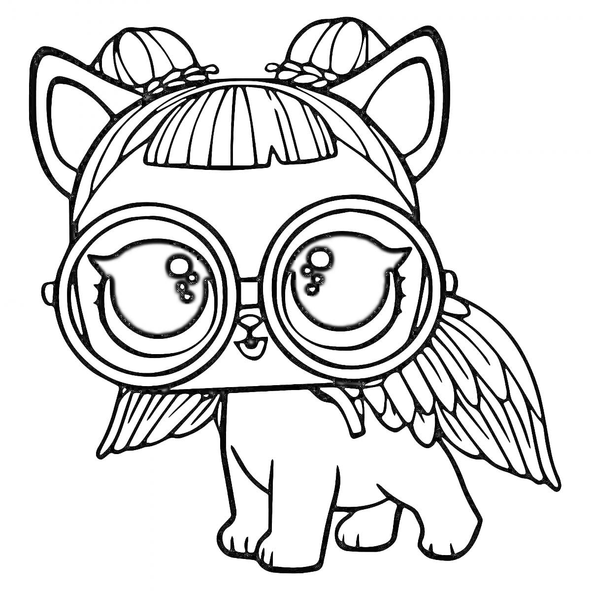Раскраска Собачка из Лол с большого размера очками, крыльями и двумя косичками на голове