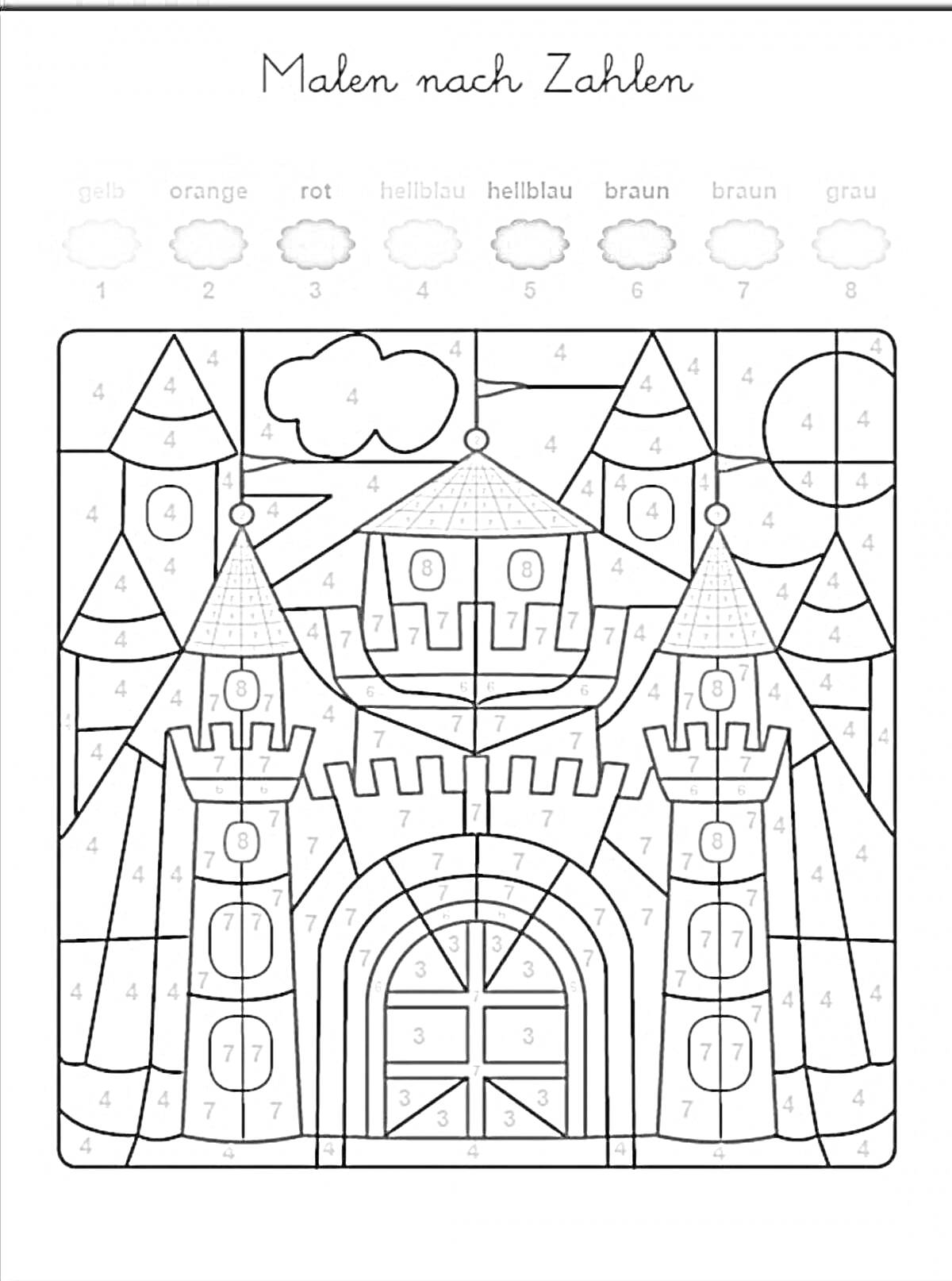 На раскраске изображено: По номерам, Замок, Башни, Облака, Луна, Творчество, Отдых, Краски