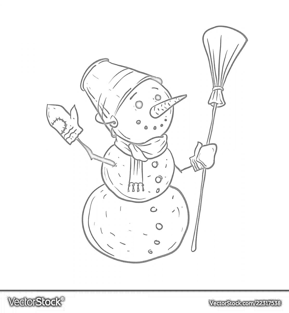 Раскраска Снеговик с морковкой вместо носа в шапке и шарфе, держащий метлу и надевший рукавички