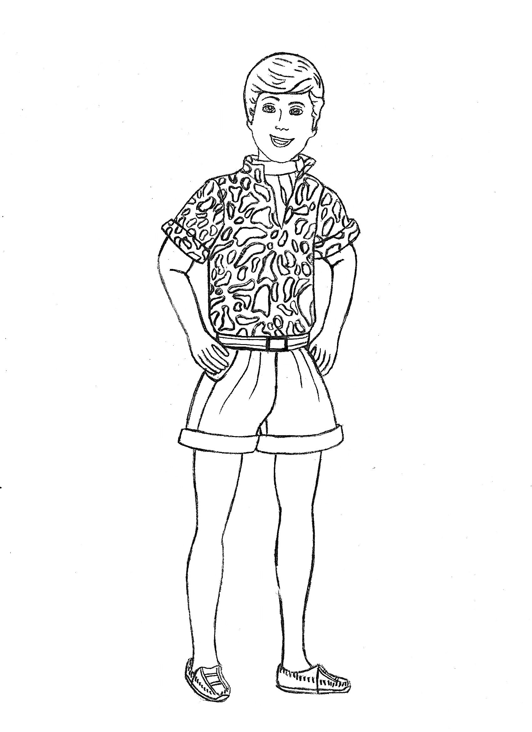 Раскраска Кен в рубашке с узором и шортах