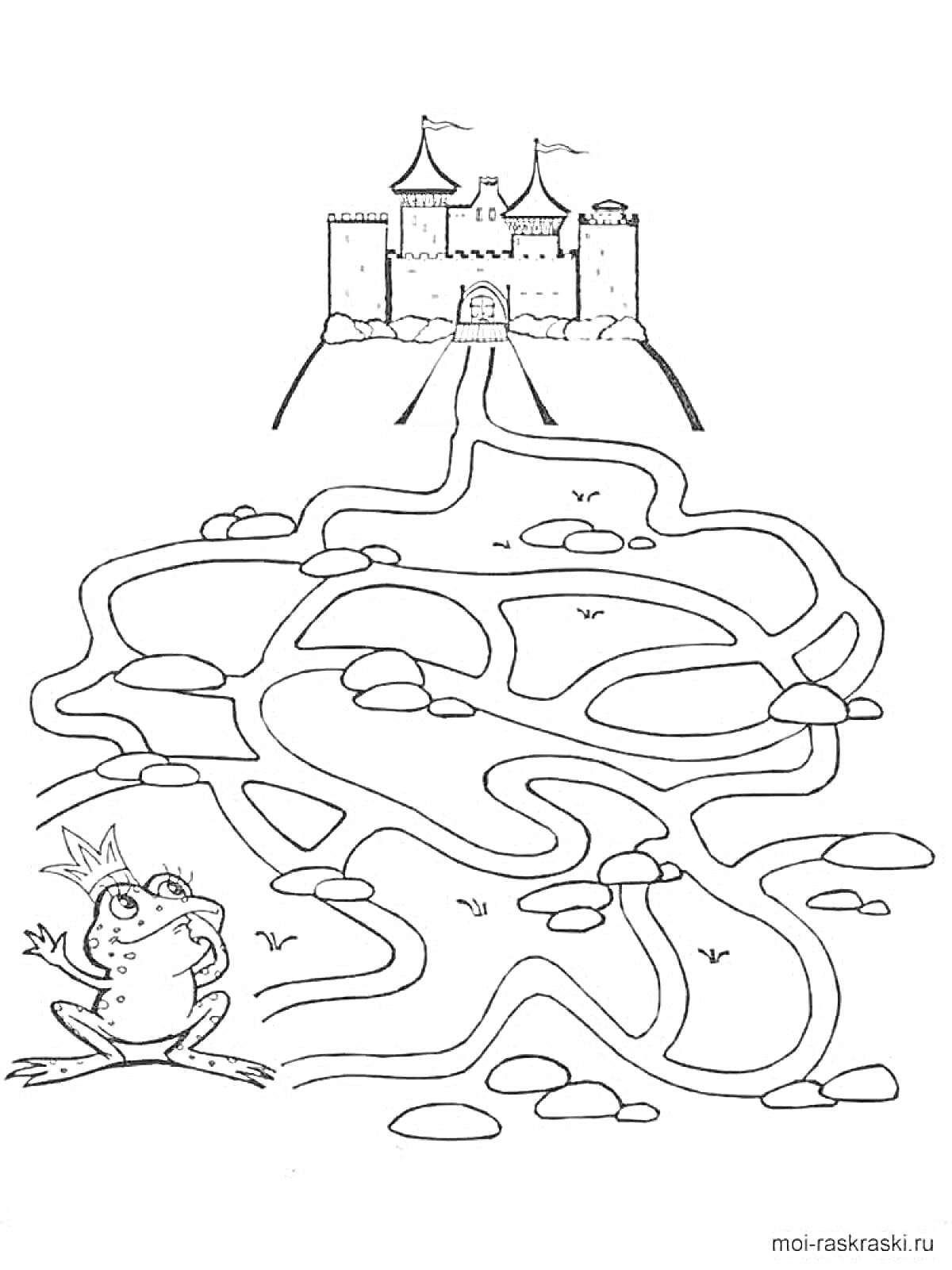 На раскраске изображено: Лабиринт, Замок, Корона, Камни, Детские игры, Путь, Лягушки, Тропа