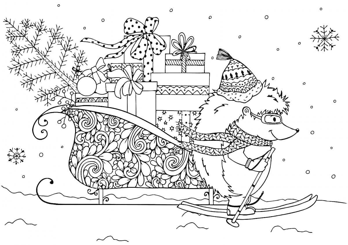 Раскраска Ёжик на лыжах с санями, полными подарков и елок